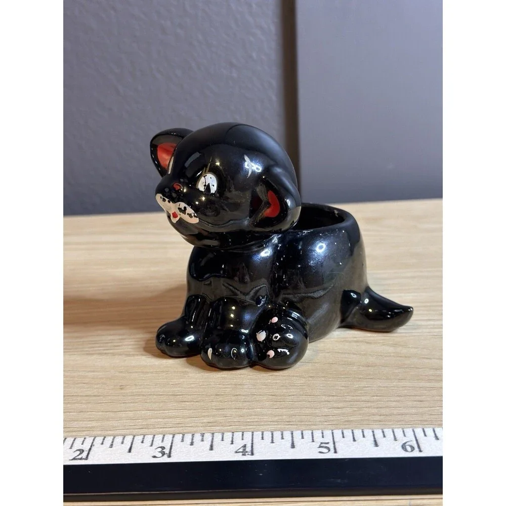 Vtg Redware Black Cat Figurine Candle Holder Kitschy Japan MCM Big Eye Halloween